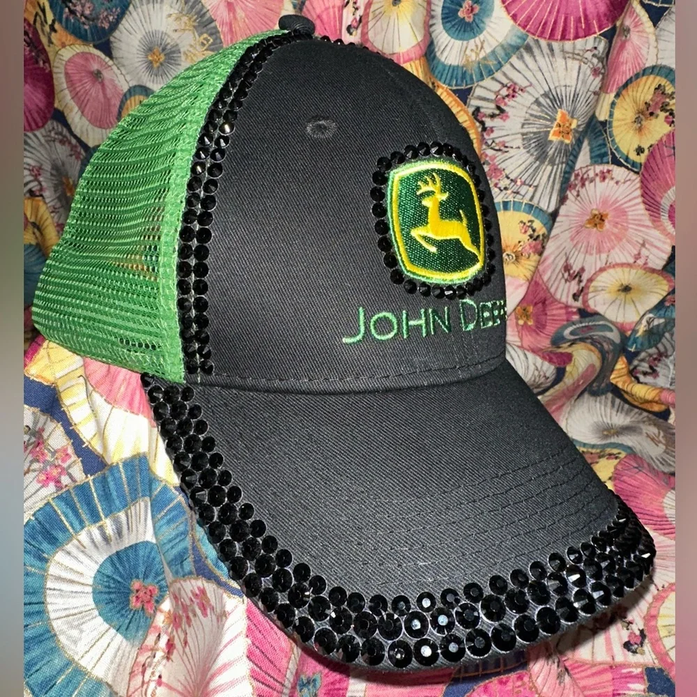 John Deere Black and Green Mesh SnapBack Trucker Hat Cap with Rhinestone Trim